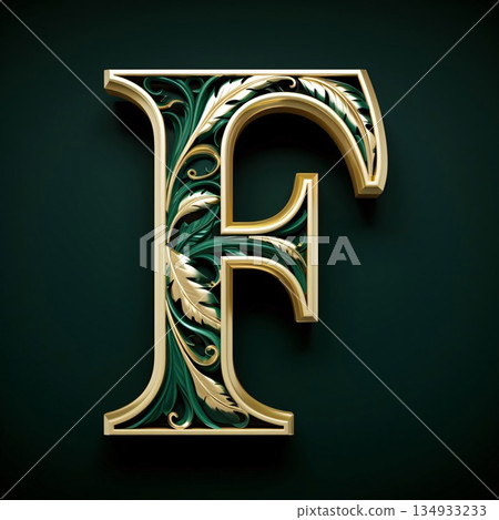 Vector golden letter with floral ornament. Letter F in the style of Baroque. Vector golden letter with floral ornament. Letter F in the style of Baroque. 134933233