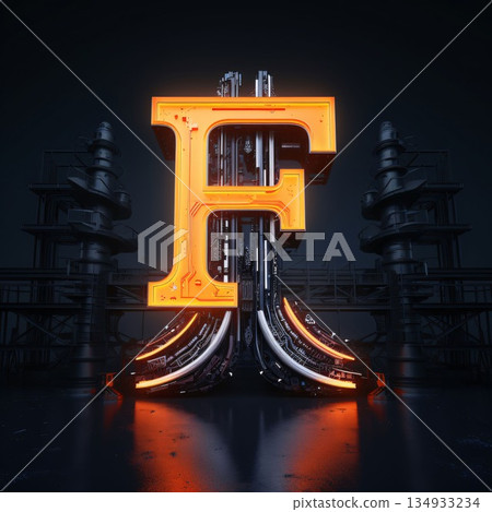 Futuristic glowing letter F on dark background. 3D rendering Futuristic glowing letter F on dark background. 3D rendering 134933234