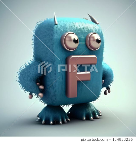 Funny blue monster 3d render on a gray background with shadow letter F Funny blue monster 3d render on a gray background with shadow letter F 134933236