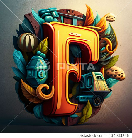 Vintage style letter F with fantasy elements. 3D illustration. Vintage style letter F with fantasy elements. 3D illustration. 134933256