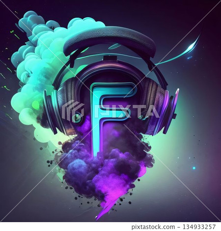 Digital illustration of headphones in colour smoke with letter F in abstract background Digital illustration of headphones in colour smoke with letter F in abstract background 134933257