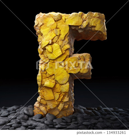 Rock letter F uppercase. Stone font on black background. 3d rendering Rock letter F uppercase. Stone font on black background. 3d rendering 134933261