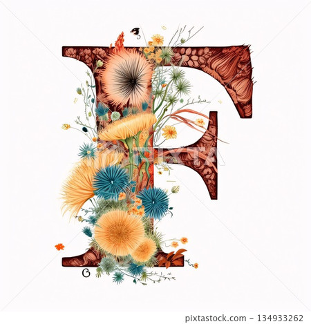 Flower alphabet. Letter F with flowers and leaves. Hand-drawn illustration. Flower alphabet. Letter F with flowers and leaves. Hand-drawn illustration. 134933262