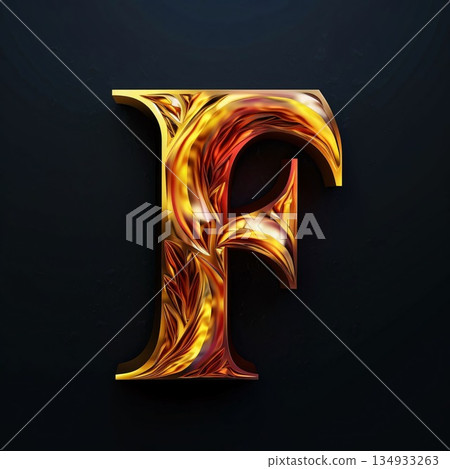 Vector golden alphabet. Letter f uppercase. 3d render 134933263