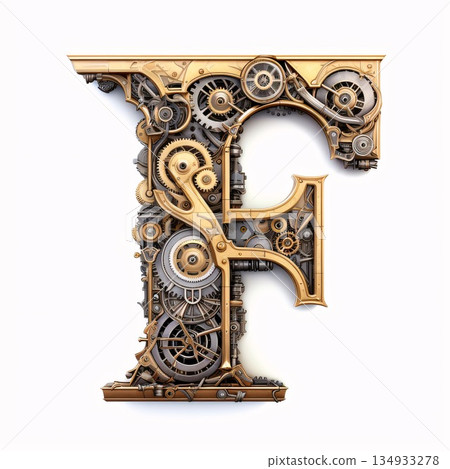Mechanical alphabet made from gears and cogwheels. Letter F 134933278