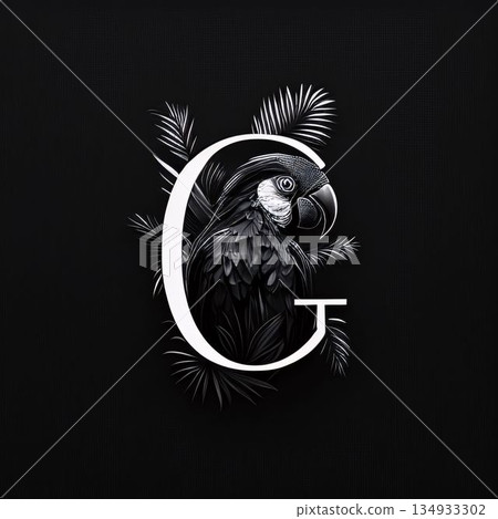 Letter G with parrot and palm leaves on a black background. Letter G with parrot and palm leaves on a black background. 134933302