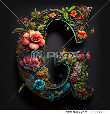 Floral capital letter G, uppercase and lowercase. 3D rendering Floral capital letter G, uppercase and lowercase. 3D rendering 134933305