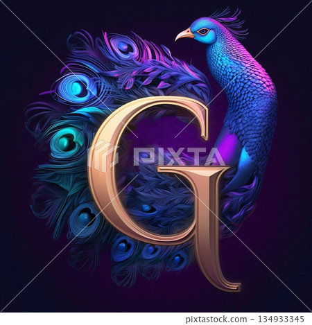 Letter G with peacock in the style of zodiac sign. Letter G with peacock in the style of zodiac sign. 134933345