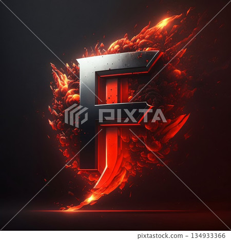Flaming letter F in fire, 3d render, black background 134933366