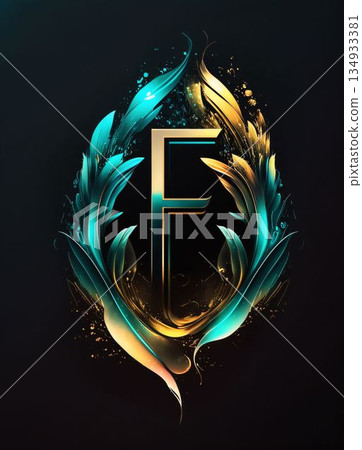 F letter in golden laurel wreath on black background. Vector illustration. F letter in golden laurel wreath on black background. Vector illustration. 134933381