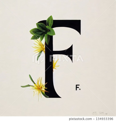 The letter F with yellow flowers and leaves on a white background. The letter F with yellow flowers and leaves on a white background. 134933396