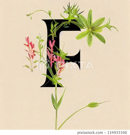 Alphabet letter F with wildflowers and leaves. Hand-drawn illustration. Alphabet letter F with wildflowers and leaves. Hand-drawn illustration. 134933398