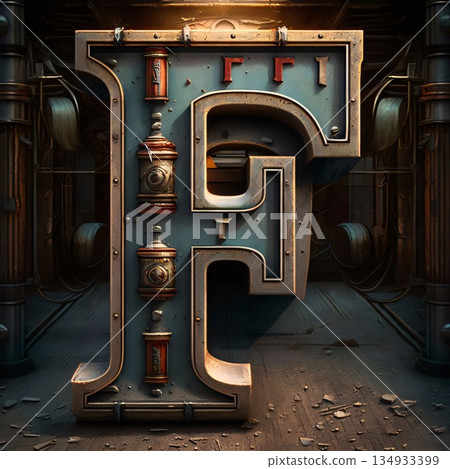 Futuristic letter in the form of a mechanical alphabet. 3D rendering letter F 134933399