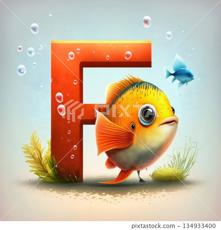 Letter F with cute fish and seaweed. Alphabet. Vector illustration. Letter F with cute fish and seaweed. Alphabet. Vector illustration. 134933400