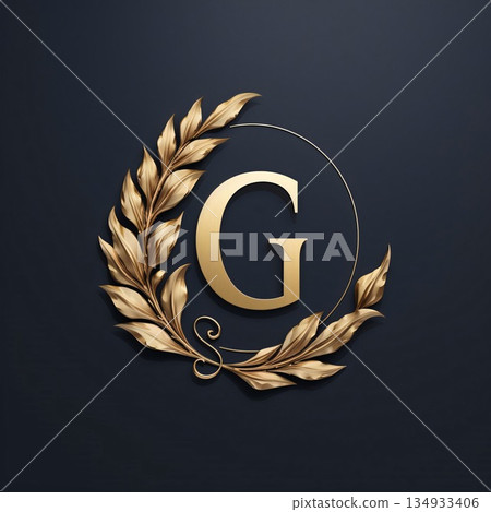 Golden laurel wreath with letter G on black background. Luxury template for design. Golden laurel wreath with letter G on black background. Luxury template for design. 134933406