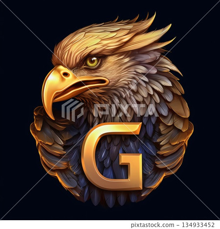 Eagle head with golden letter G. 3D rendering illustration. Eagle head with golden letter G. 3D rendering illustration. 134933452