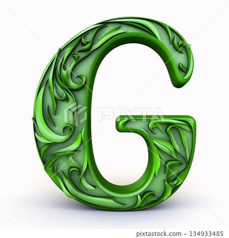 Alphabet letter G made of green leaves isolated on white background. 3d rendering Alphabet letter G made of green leaves isolated on white background. 3d rendering 134933485