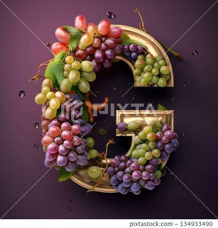 Letter G of the alphabet made of grapes and leaves. 3D illustration Letter G of the alphabet made of grapes and leaves. 3D illustration 134933490