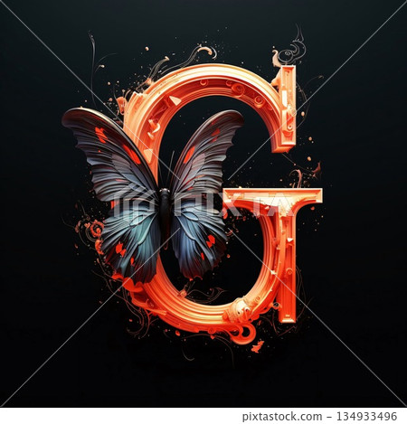 Butterfly font, letter G with fire effect on black background Butterfly font, letter G with fire effect on black background 134933496
