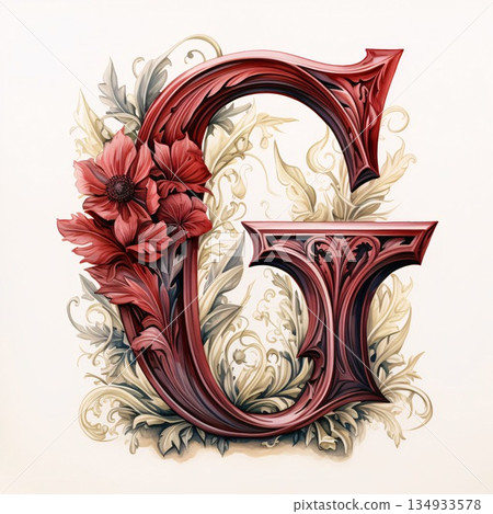 Vintage floral capital letter G with flowers in the style of Baroque. 134933578