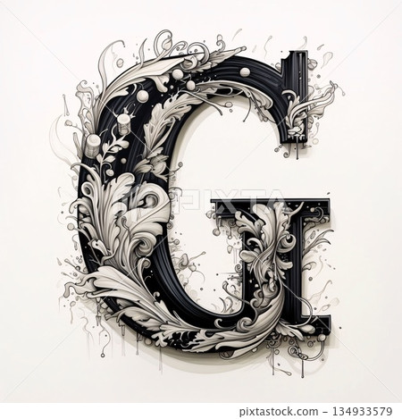 Decorative capital letter G with floral ornament on a white background. Decorative capital letter G with floral ornament on a white background. 134933579