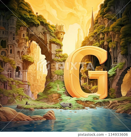 Fantasy landscape with castle in the middle of the water and letter G Fantasy landscape with castle in the middle of the water and letter G 134933606