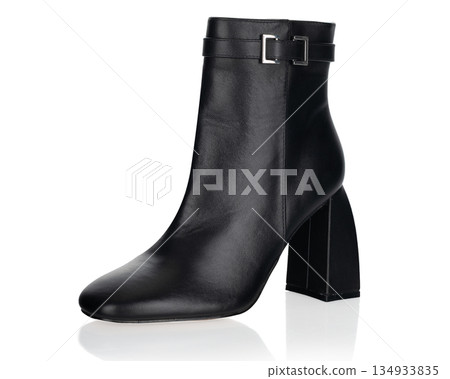 Black Leather Womans Ankle Boot Silver Buckle 134933835