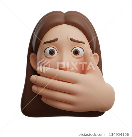 3d cartoon woman with a terrified expression and her mouth covered by hands, symbolizing silence, fear, trauma, and the inability to speak 134934106