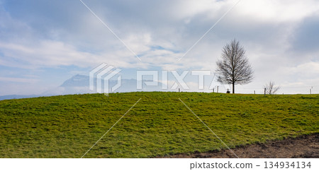Rigi, Switzerland - February 9th 2025: View from a green field towards mount Rigi, a famous peak in Switzerland, Europe Rigi, Switzerland - February 9th 2025: View from a green field towards mount Rigi, a famous peak in Switzerland, Europe 134934134