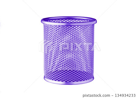 metallic Glass of purple, violet color for stationery, pencils, pens, scissors, ruler, on an isolated white background 134934233