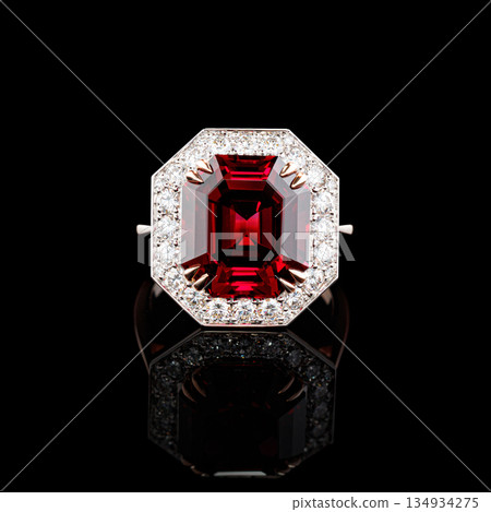 Beautiful red gold ring with diamonds and garnet on a black background 134934275