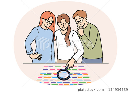 People look at museum exhibition with collection of small elements using magnifying glass 134934589