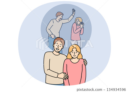 Problem of domestic violence is hidden by man aggressor and woman victim smiling in public 134934596