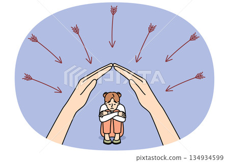 Mother hands protect little daughter from dangers and arrows, for concept of maternal philanthropy 134934599