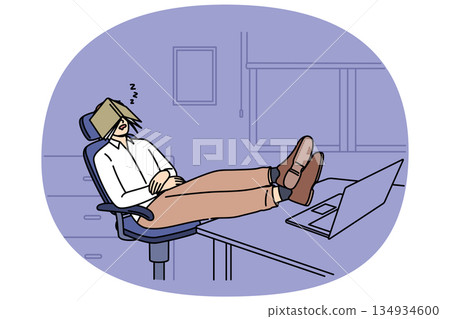 Man sleeps sitting in office and with legs on desk, covering face with diary, demonstrating laziness 134934600