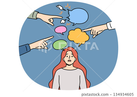Women hear misogyny and discriminatory remarks from men pointing fingers at frustrated victim Women hear misogyny and discriminatory remarks from men pointing fingers at frustrated victim 134934605