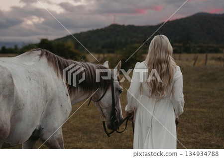 Woman leads gray horse through field at sunset near mountain range 134934788