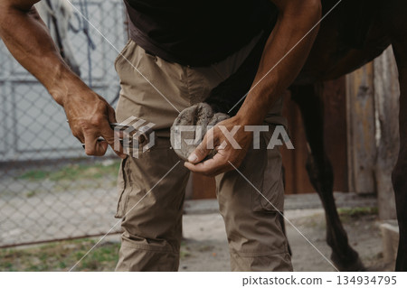 Man works on horse hoof in stable during daylight hours in a rural setting Man works on horse hoof in stable during daylight hours in a rural setting 134934795