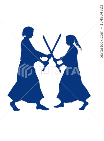 Two people sparring (silhouette, indigo blue) 134934823