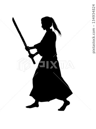 A small person holding a wooden sword (silhouette, black) 134934824