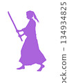 A small person holding a wooden sword (silhouette, purple) 134934825