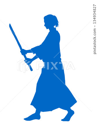 A man in a karate uniform holding a wooden sword (silhouette, blue) A man in a karate uniform holding a wooden sword (silhouette, blue) 134934827