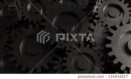 Dark Industrial Metal Gears Concept for Engineering Technology and Mechanical Systems 3d render. 134934857