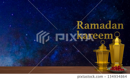 Ramadan Kareem Greeting with Golden Lanterns and Dates 3d render. 134934864