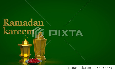 Ramadan Kareem Greeting with Golden Lanterns on Green Background 3d render. 134934865