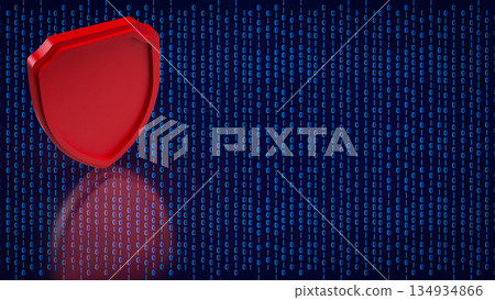 Red Cybersecurity Shield on Binary Data Background 3d render. 134934866