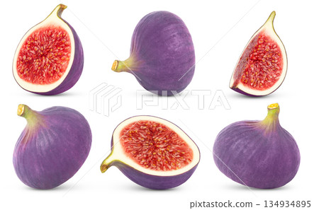 Collection of purple fig fruits and half and cut in a slice isolated on white background. 134934895