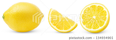 Lemon set isolated on white. Whole fruit and a half of lemons. Lemon and cut in a slice with clipping path. Full depth of field. Lemon set isolated on white. Whole fruit and a half of lemons. Lemon and cut in a slice with clipping path. Full depth of field. 134934901