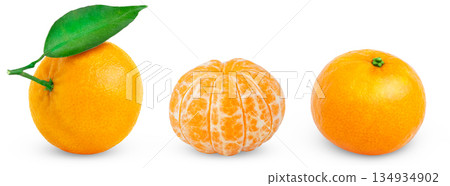 Set of ripe tangerines, whole, peeled, without peel, isolated on a white background. Mandarin with leaf. Set of ripe tangerines, whole, peeled, without peel, isolated on a white background. Mandarin with leaf. 134934902