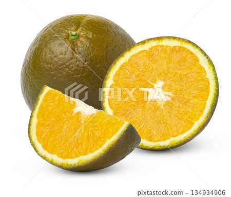 Chocolate navel orange sweet fruit and cut in a slice isolated on white background. Whole chocolate orange and half. Chocolate navel orange sweet fruit and cut in a slice isolated on white background. Whole chocolate orange and half. 134934906